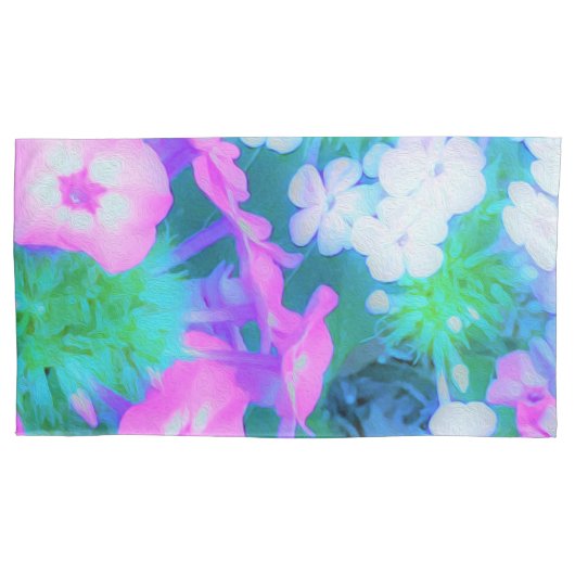 ピンク、緑、青、白のガーデンフロックスの花 枕カバー (正面)