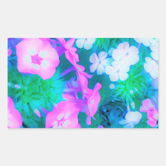 ピンク、緑、青、白のガーデンフロックスの花 長方形シール (正面)