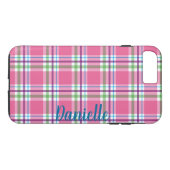 ピンク、緑、青、紫色の格子縞パターン名前 Case-Mate iPhoneケース (裏面(横))