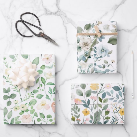 ピンク 緑 青 花のウェディングシャワー 結婚式 ラッピングペーパーシート (正面)