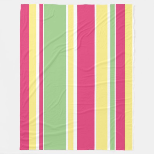 ピンク、緑、黄ストライプ色 フリースブランケット (正面)