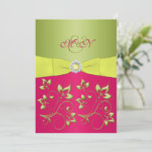ピンク、緑、黄色のモノグラム結婚式招待状 招待状 (スタンド正面)