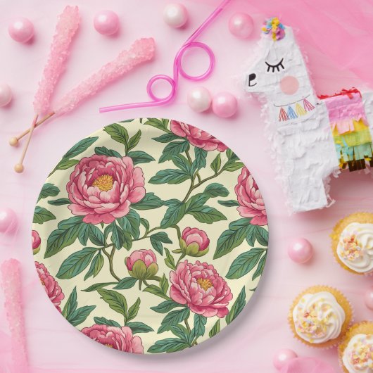 ピンク、緑、黄色のChinoiserieフローラ ペーパープレート (パーティー)