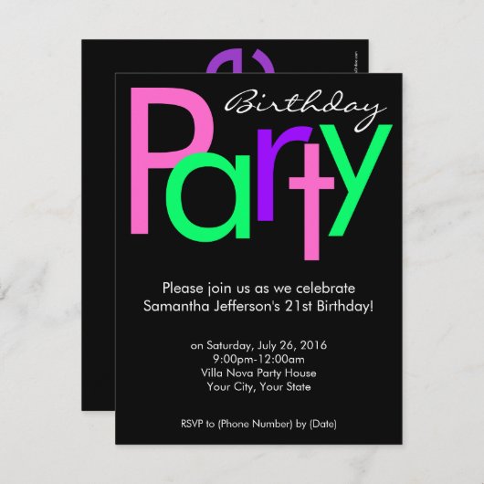 ピンク、緑、黒ブロック誕生日パーティーの招待状 招待状 (正面/裏面)