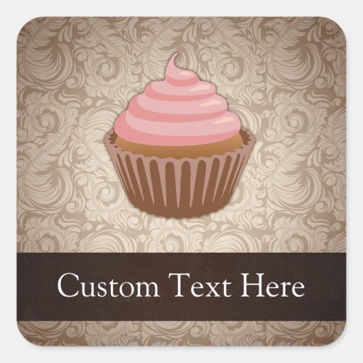 ピンク/茶色のカップケーキ スクエアシール (正面)