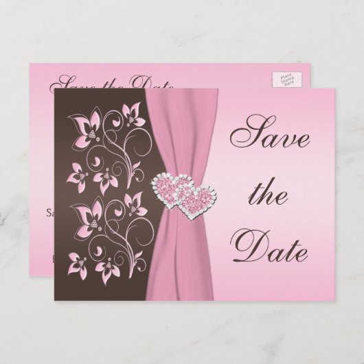 ピンク、茶色のフローラハート日付カードを保存 案内ポストカード (正面/裏面)