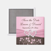 ピンク、茶色のフローラ、ハートは日付結婚を保存 マグネット (正面/裏面)