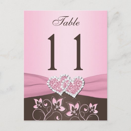 ピンク、茶色のフローラ、ハートテーブル番号ポストカード ポストカード (正面)