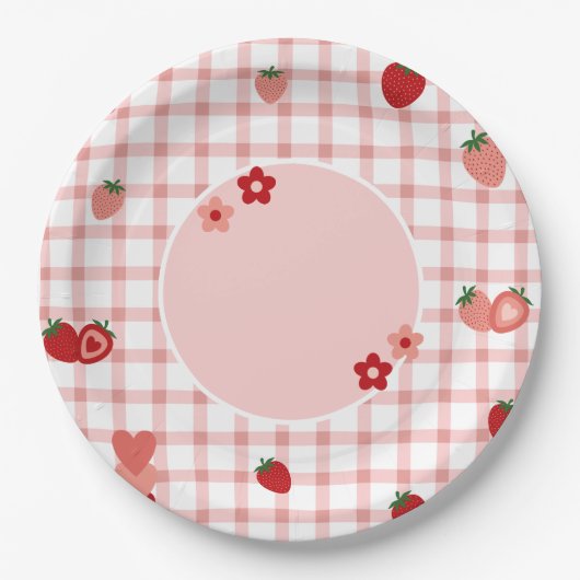 ピンク、赤いちご、花のプレート ペーパープレート (正面)