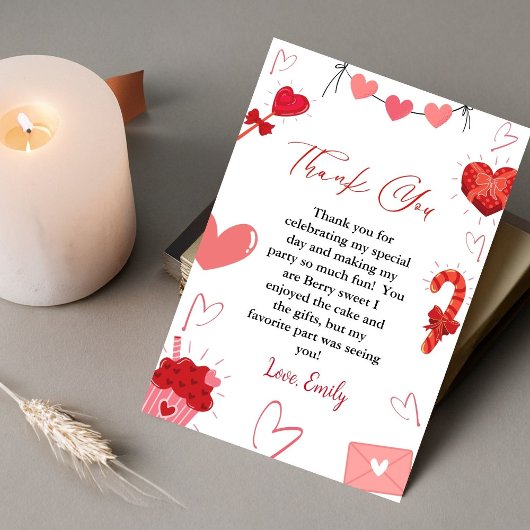 ピンク&赤いハートバレンタイン誕生日サンキューカード 案内状
