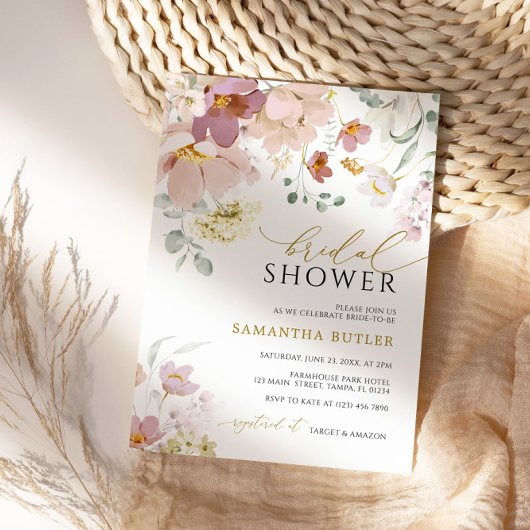 ピンク&赤ワイルドフラワーブライダルシャワー招待 招待状
