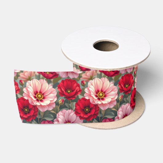 ピンク、赤、モーブの花 サテンリボン (リール)