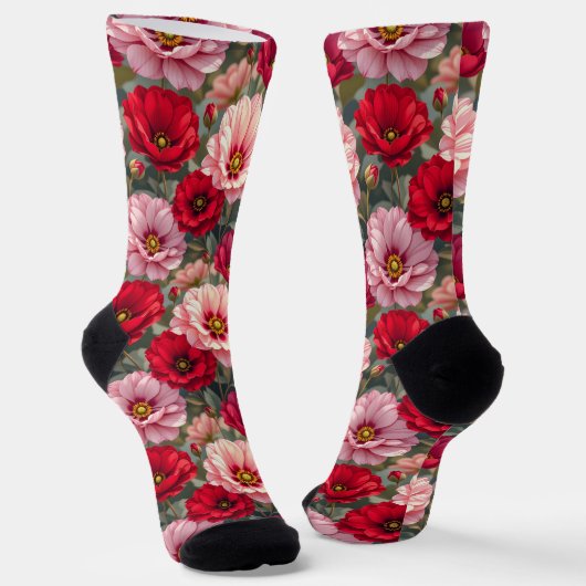 ピンク、赤、モーブの花 ソックス (傾斜あり)