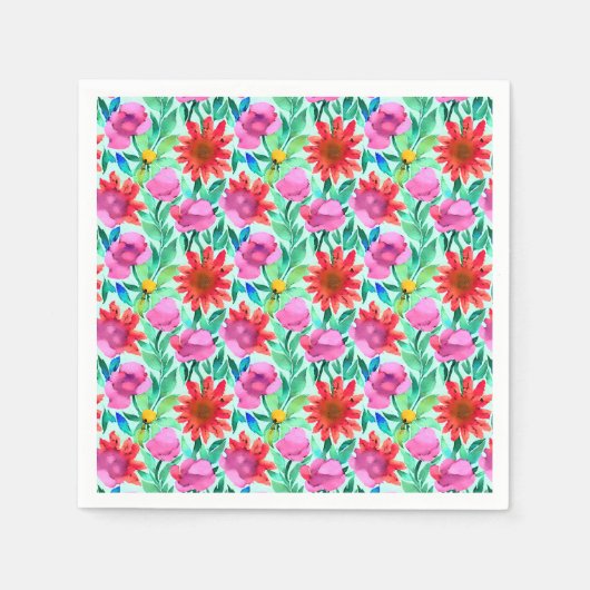 ピンク、赤、緑の水色の花 スタンダードカクテルナプキン (正面)