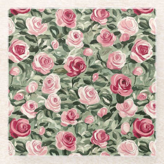 ピンク 赤 緑 薔薇 花 ガラスコースター (正面)