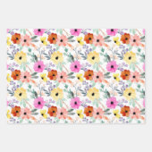 ピンク、赤、黄色のフローラ花水色 ラッピングペーパーシート (正面3)