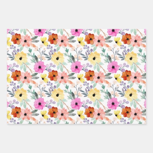 ピンク、赤、黄色のフローラ花水色 ラッピングペーパーシート (正面)