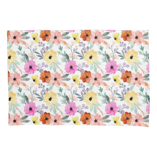 ピンク、赤、黄色のフローラ花水色 枕カバー (正面)
