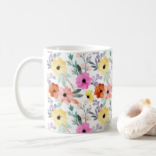 ピンク 赤 黄色の花 フラワー ウォーターカラー  コーヒーマグカップ (ドーナツ)