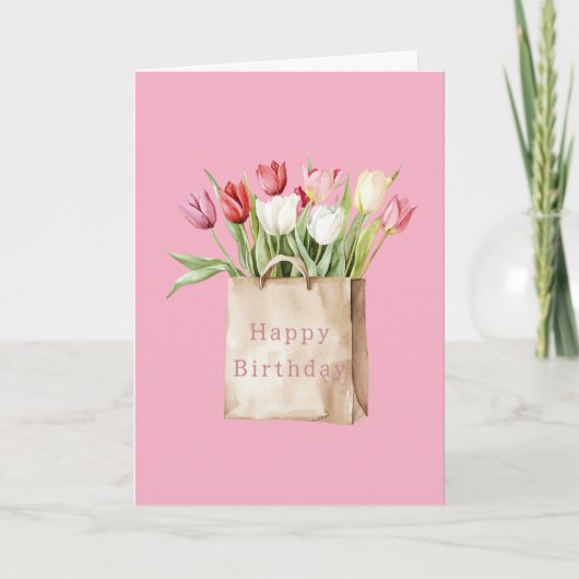 ピンク 赤 黄色 白 ユリの花 バッグ 誕生日 カード (正面)