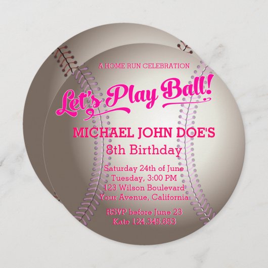 ピンク·野球誕生日パーティーの招待 招待状 (正面/裏面)