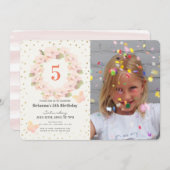 ピンク&金ゴールドさくらんぼブロッサムガールフォト誕生日 招待状 (正面/裏面)