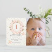 ピンク&金ゴールドさくらんぼブロッサムガール写真1st Birthday 招待状 (スタンド正面)