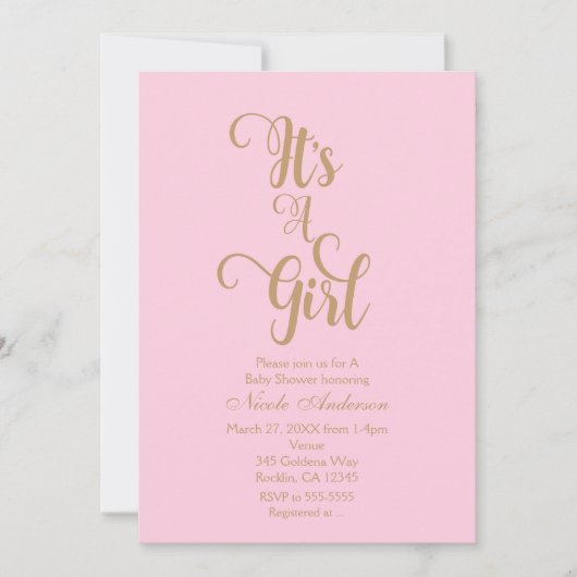 ピンク&金ゴールドそれが女の子のベビーシャワー招待状 招待状 (正面)