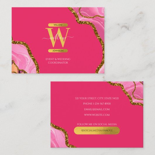 ピンク&金ゴールドアゲートゲードグリッターモノグラムマーブル 名刺 (正面/裏面)