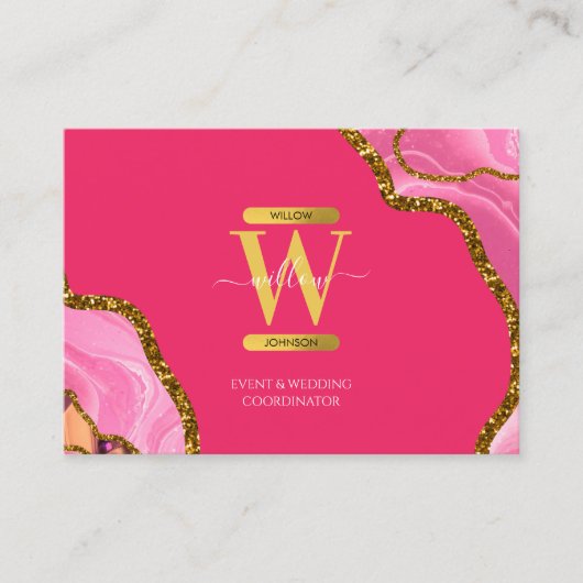 ピンク&金ゴールドアゲートゲードグリッターモノグラムマーブル 名刺 (正面)
