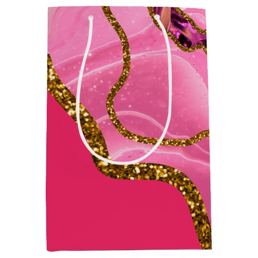 ピンク&金ゴールドアゲートゲードグリッター ミディアムペーパーバッグ (正面)