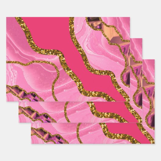 ピンク&金ゴールドアゲートゲードグリッター ラッピングペーパーシート (セット)