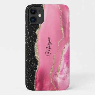 ピンク&金ゴールドアゲート、金ゴールドスター、DIYスクリプト名 iPhone 11 ケース