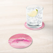 ピンク&金ゴールドアゲート&金ゴールドスター、DIYネームブラック ラウンドペーパーコースター (インサイチュ)