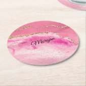 ピンク&金ゴールドアゲート&金ゴールドスター、DIYネームブラック ラウンドペーパーコースター (アングル)