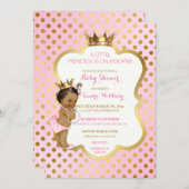 ピンク&金ゴールドアフリカ系アメリカ人プリンセスベビーガール 招待状 (正面/裏面)