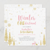 ピンク&金ゴールドウィンターオネダーランド1st第1誕生日 招待状 (正面/裏面)