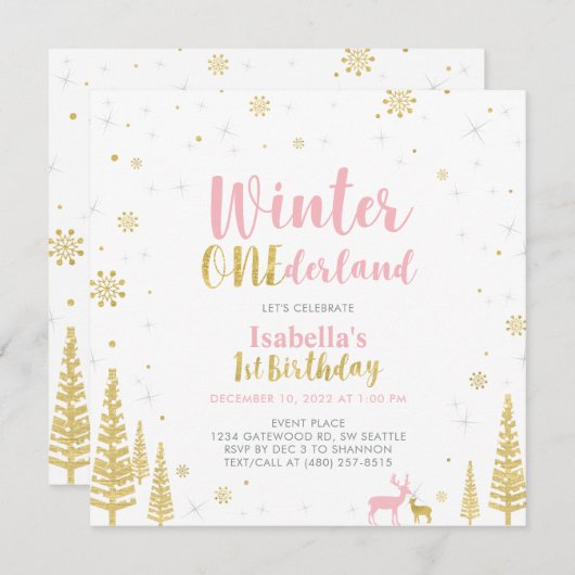 ピンク&金ゴールドウィンターオネダーランド1st第1誕生日 招待状 (正面/裏面)