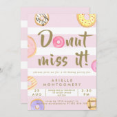 ピンク&金ゴールドウォーターカラードーナツ誕生日パーティー 招待状 (正面/裏面)