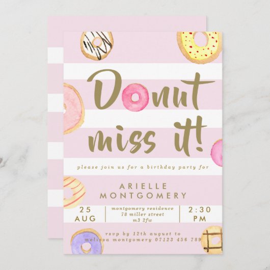 ピンク&金ゴールドウォーターカラードーナツ誕生日パーティー 招待状 (正面/裏面)