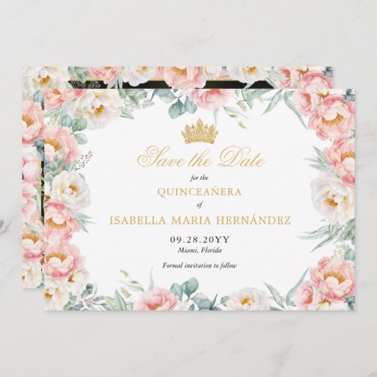 ピンク&金ゴールドエレガントクインセニェラ セーブザデート (正面/裏面)