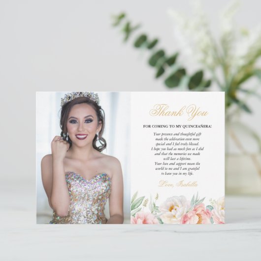 ピンク&金ゴールドエレガントフローラフォトキンセアニラ サンキューカード (スタンド正面)