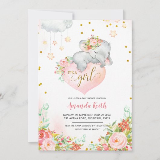 ピンク&金ゴールドエレファントベビーシャワー招待状 招待状 (正面)