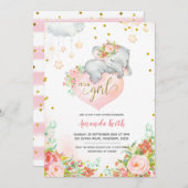 ピンク&金ゴールドエレファントベビーシャワー招待状 招待状 (正面/裏面)