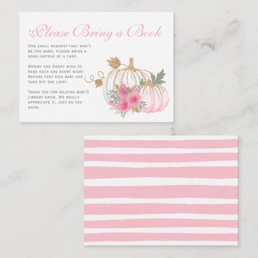 ピンク&金ゴールドカボチャ赤ちゃんシャワーが本を持ってくる エンクロージャーカード (正面/裏面)