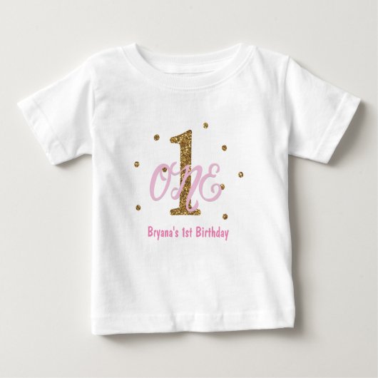 ピンク&金ゴールドガールズONE誕生日パーティーカスタム ベビーTシャツ (正面)
