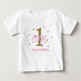 ピンク&金ゴールドガールズONE誕生日パーティーカスタム ベビーTシャツ