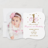 ピンク&金ゴールドガールズONE 1st誕生日パーティー写真 招待状 (正面)