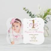 ピンク&金ゴールドガールズONE 1st誕生日パーティー写真 招待状 (スタンド正面)