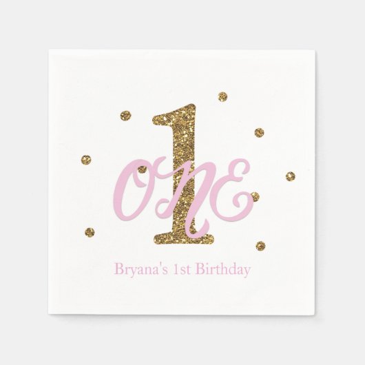 ピンク&金ゴールドガールズONE 1st誕生日パーティー スタンダードカクテルナプキン (正面)